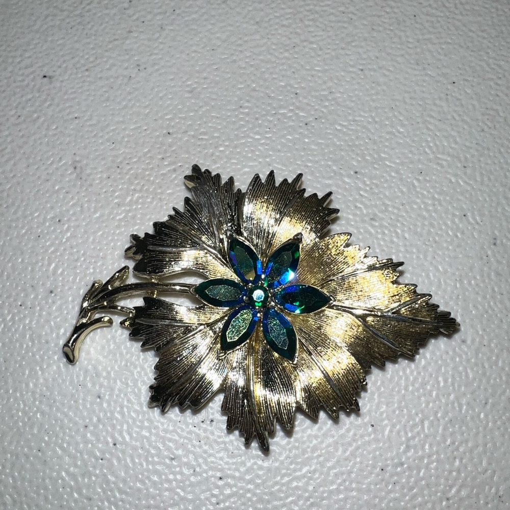 Gold Leaf Brooch with Blue Flower Accent